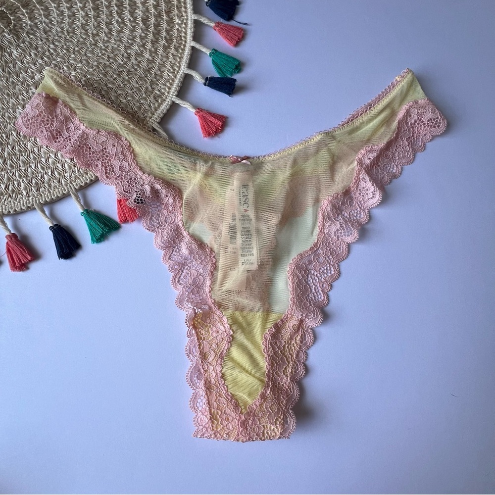 Victoria's Secret Tease Mesh Lace-Trim High-Leg Thong Panty Yellow/ Pink XL NEW